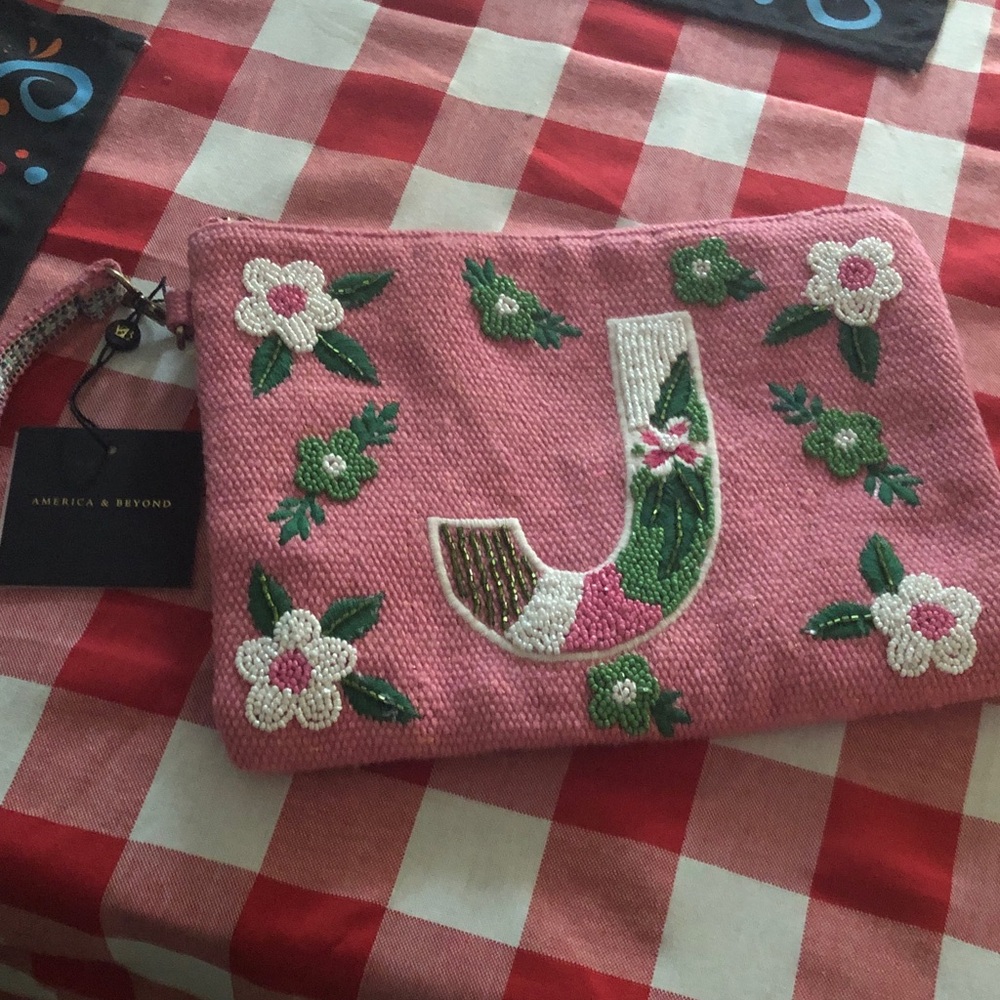 America & Beyond Pink Floral handmade Embroidered Clutch